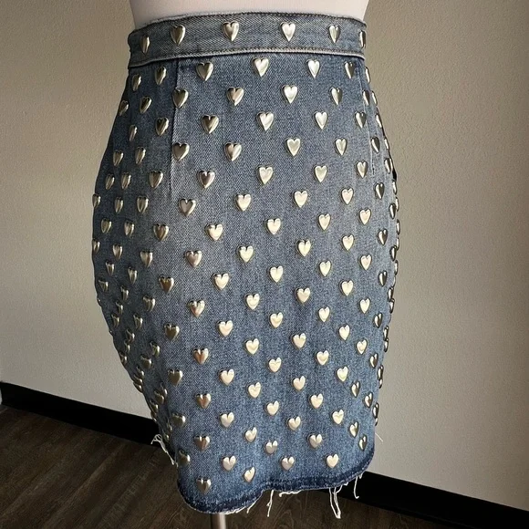 Saint Laurent Denim Mini Skirt with Metal Hearts Size 27